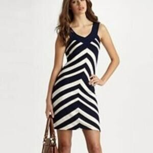 Milly of New York Navy Blue Cream Brown Silk & Cashmere Blend Sweater Dress